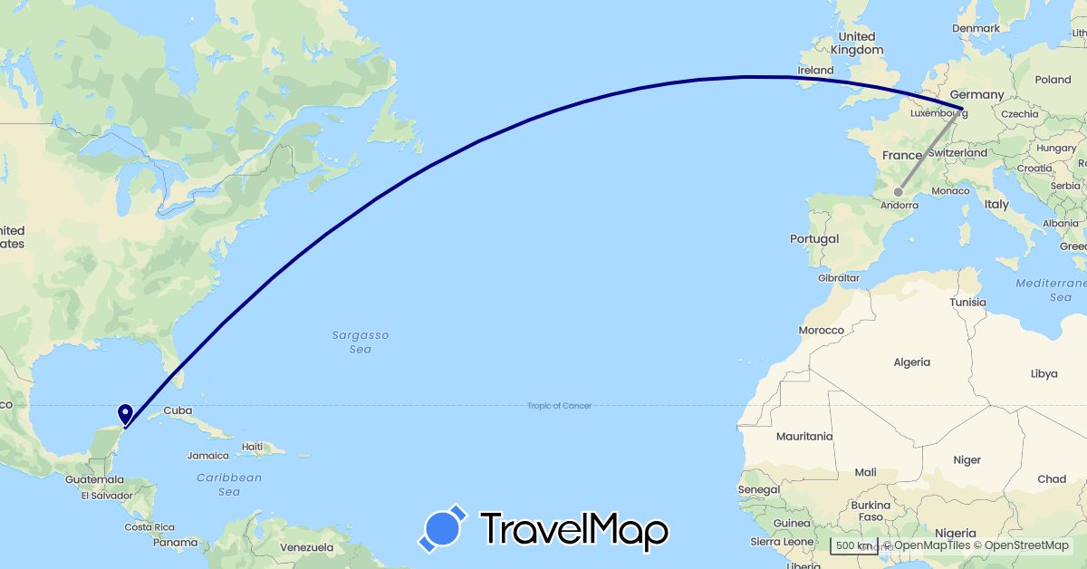 TravelMap itinerary: driving, plane in Germany, France, Mexico (Europe, North America)